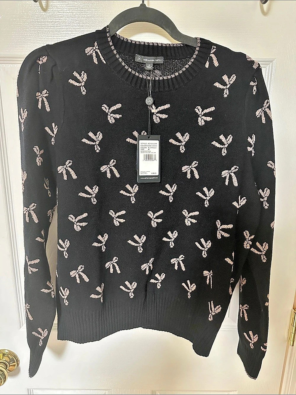 Adrianna Papell Bow Pattern Sweater in Black & Pink Size Medium NWT